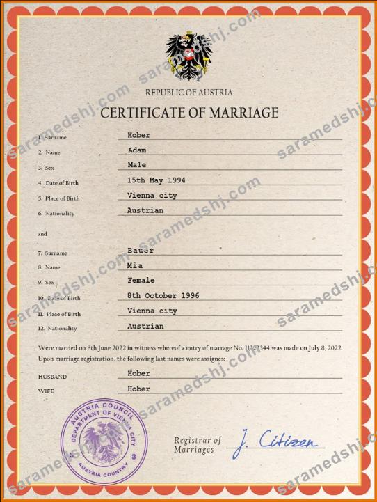 Austria marriage certificate PSD template,